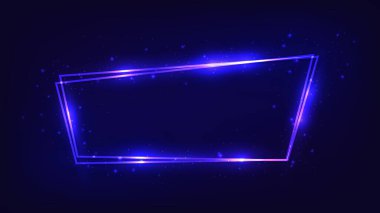 Parlak efektleri ve koyu arkaplanda parıltıları olan neon çift çerçeve. Boş parlayan tekno fon. Vektör illüstrasyonu