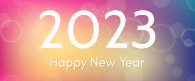 Bulanık arka planda 2023 yılınız kutlu olsun. Arkaplanda beyaz numaralar, konfeti, bokeh ve lens fişeği var. Vektör illüstrasyonu