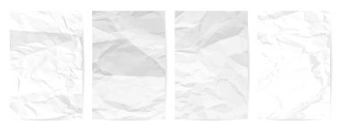 White lean crumpled paper background. Set of four vertical crumpled empty paper templates for posters and banners