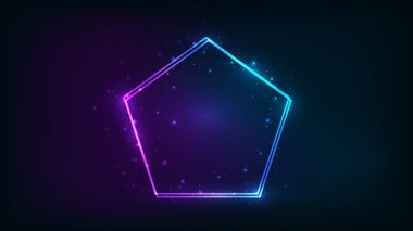 Pentagon formunda neon çift çerçeve, parlak efektler ve koyu arkaplanda parıltılar. Boş parlayan tekno fon. Vektör illüstrasyonu