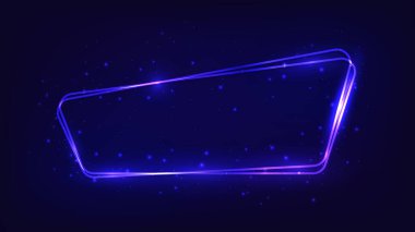 Neon yuvarlak çerçeve, parlak efektler ve koyu arkaplanda parıltılar. Boş parlayan tekno fon. Vektör illüstrasyonu