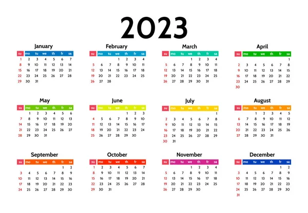 Salendář Pro Rok 2023 Izolovaný Bílém Pozadí Neděle Pondělí Obchodní — Stockový vektor