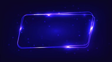 Neon yuvarlak paralelkenarlı çerçeve, parlak efektler ve koyu arkaplanda parıltılar. Boş parlayan tekno fon. Vektör illüstrasyonu