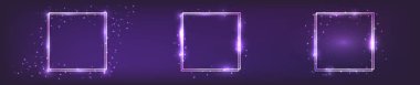 Parlak efektli ve koyu arkaplanda parıldayan üç neon çift kare çerçeve seti. Boş parlayan tekno fon. Vektör illüstrasyonu