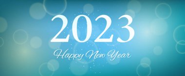 Bulanık arka planda 2023 yılınız kutlu olsun. Arkaplanda beyaz numaralar, konfeti, bokeh ve lens fişeği var. Vektör illüstrasyonu