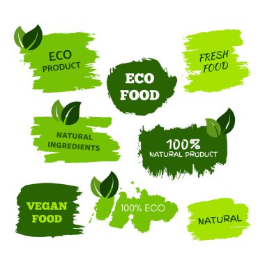 Green natural bio labels. Set of green organic, bio, eco, vegan labels on hand drawn stains. Vector illustration