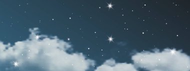 Bulutlu ve yıldızlı gece gökyüzü. Evrenin derinliklerindeki yıldız tozuyla soyut doğa arka planı. Vektör illüstrasyonu
