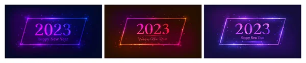 2023 Boldog Évet Neon Háttér Állítsa Három Neon Hátterek Téglalap — Stock Vector