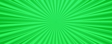 Yeşil çizgi roman arka planında boş alanı olan pop sanat tarzında. Işınlar, noktalar ve yarım ton etkisi olan bir şablon. Vektör illüstrasyonu