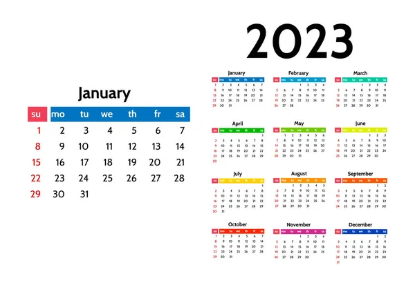 Kalender 2023 Geïsoleerd Een Witte Achtergrond Zondag Tot Maandag Business — Stockvector