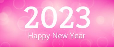 Bulanık arka planda 2023 yılınız kutlu olsun. Arkaplanda beyaz numaralar, konfeti, bokeh ve lens fişeği var. Vektör illüstrasyonu