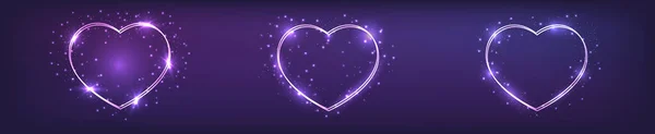 Sada Tří Neonových Dvojitých Rámečků Tvaru Srdce Zářícími Efekty Jiskry — Stockový vektor