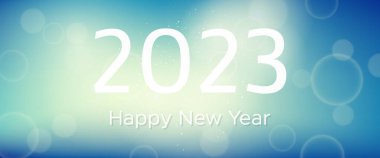 Bulanık arka planda 2023 yılınız kutlu olsun. Arkaplanda beyaz numaralar, konfeti, bokeh ve lens fişeği var. Vektör illüstrasyonu