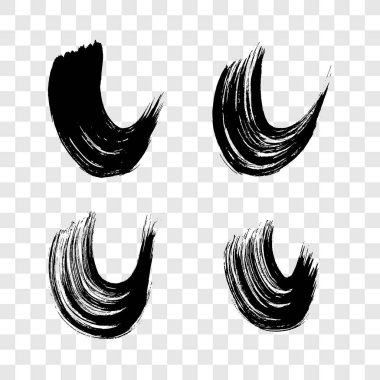 Siyah grunge yarı dairesel fırça darbeleri. Dalgalı boyalı mürekkep çizgileri. Mürekkep lekesi şeffaf arkaplanda izole edilmiş. Vektör illüstrasyonu