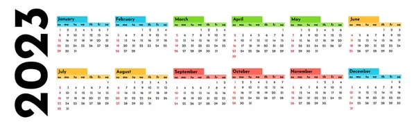 Горизонтальный Календарь 2023 Год Изолирован Белом Фоне Воскресенья Понедельник Бизнес — стоковый вектор