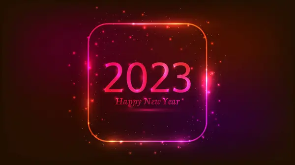 2023 Щасливий Новорічний Неоновий Фон Неонова Округла Квадратна Рамка Блискучими — стоковий вектор