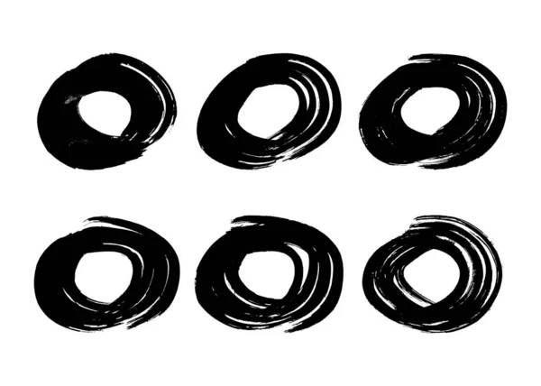 Black Grunge Brush Strokes Circle Form Set Painted Ink Circles — Stock vektor