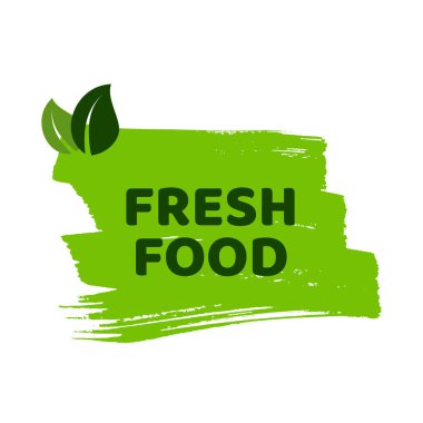 Yeşil doğal biyoloji etiketi. Elle çizilmiş yeşil etiketteki Taze Yiyecekler. Vektör illüstrasyonu