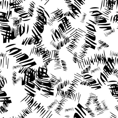 Beyaz arka planda soyut şekillerde siyah kalem fırça darbeleriyle kusursuz desen. Vektör illüstrasyonu