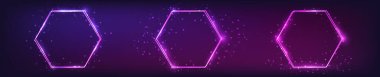 Üç neon çift altıgen çerçeve seti. Parlak efektler ve koyu arkaplanda parıltılar. Boş parlayan tekno fon. Vektör illüstrasyonu