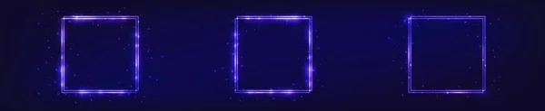 Set Van Drie Neon Dubbele Vierkante Frames Met Glanzende Effecten — Stockvector