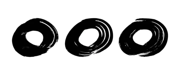 Black Grunge Brush Strokes Circle Form Set Three Painted Ink — Stock Vector