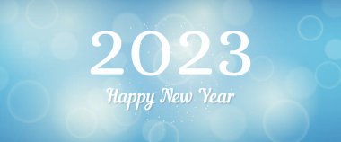 Bulanık arka planda 2023 yılınız kutlu olsun. Arkaplanda beyaz numaralar, konfeti, bokeh ve lens fişeği var. Vektör illüstrasyonu