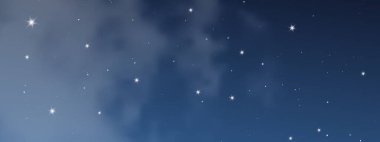 Bulutlu ve yıldızlı gece gökyüzü. Evrenin derinliklerindeki yıldız tozuyla soyut doğa arka planı. Vektör illüstrasyonu