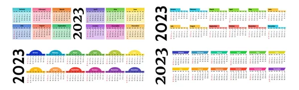 Set Quattro Calendari Orizzontali 2023 Isolati Sfondo Bianco Domenica Lunedì — Vettoriale Stock