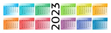 2023 için yatay takvim beyaz arka planda izole edilmiş. Pazardan pazartesiye, iş planı. Vektör illüstrasyonu