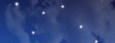 Bulutlu ve yıldızlı gece gökyüzü. Evrenin derinliklerindeki yıldız tozuyla soyut doğa arka planı. Vektör illüstrasyonu