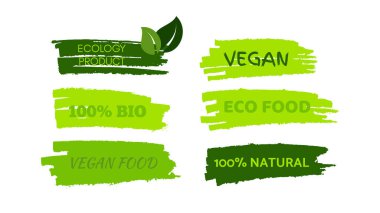 Green natural bio labels. Set of green organic, bio, eco, vegan labels on hand drawn stains. Vector illustration