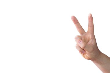 Beyaz bir arka planda zafer pozisyonunda beyaz bir el.