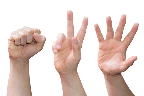 Üç beyaz el beyaz arka planda taş, kağıt, makas işareti yapıyor.