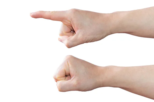 Δύο Λευκά Χέρια Λευκό Φόντο Ένα Δείχνει Δείκτη Και Άλλο — Φωτογραφία Αρχείου