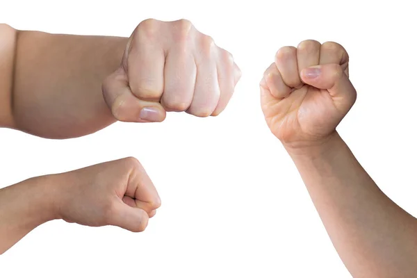 Три Белых Руки Сжатыми Кулаками Разных Положениях Белом Фоне — стоковое фото
