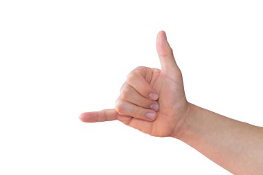 Beyaz bir el beyaz bir arka planda telefon şekli oluşturuyor.