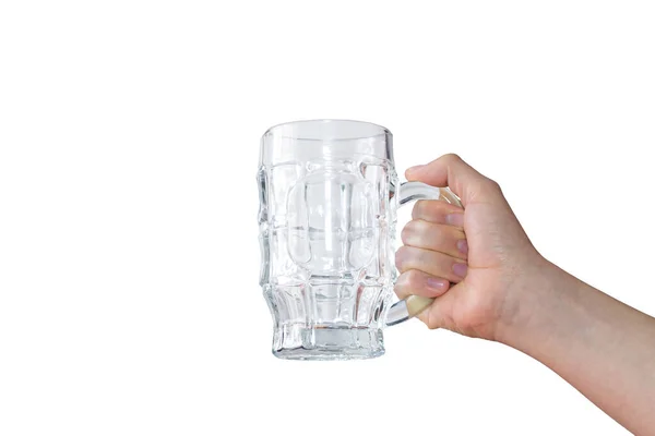 Weiße Hand Mit Leerem Bierglas Auf Weißem Hintergrund — Stockfoto
