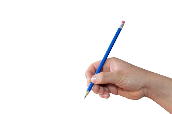 White Hand Holding Blue Pencil White Background — Stock Photo, Image