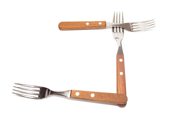 Forks Wooden Handles Making Letter White Background — Stockfoto