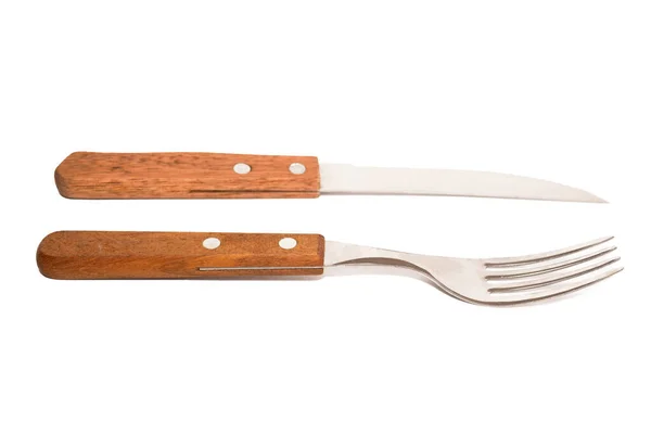 Knife Fork Wooden Handle Isolated White Background — Stockfoto