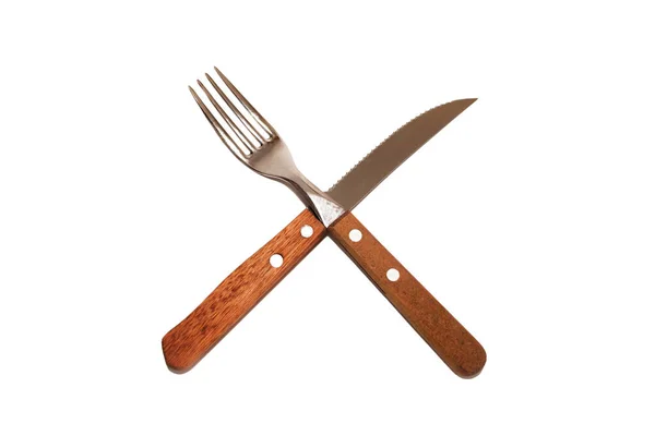 Knife Fork Wooden Handle Crossed Each Other Isolated White Background — Foto de Stock