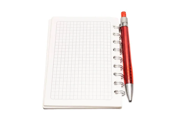 Notebook Grid Sheets Next Red Pen White Background — Stock Photo, Image