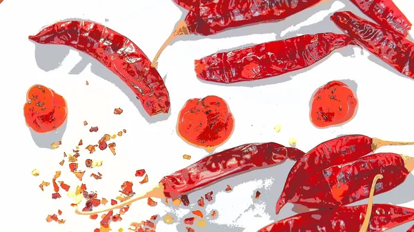 Červené Chilli Papričky Chilli Paprika Vločky Zobrazeny Bílém Pozadí — Stock fotografie