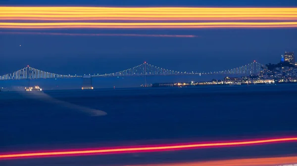 Bay Bridge Distance Long Exposure Traffic Lights Foreground Night Speed — стокове фото