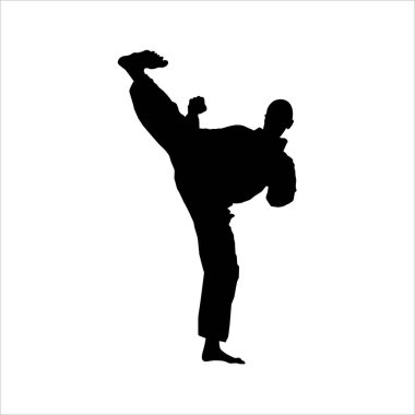 Logo veya Grafik Tasarım Elementi için Dövüş Sanatçısı Tekme Silueti (Tekvando, Karate, Pencak Silat, Kungfu). Vektör İllüstrasyonu