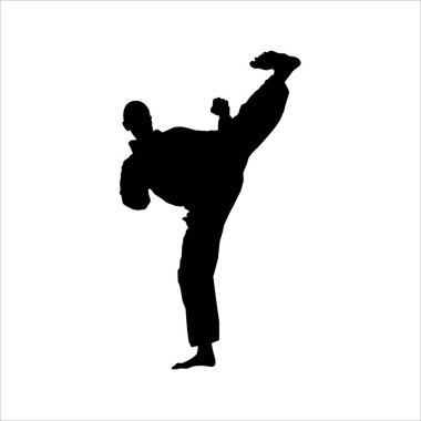 Logo veya Grafik Tasarım Elementi için Dövüş Sanatçısı Tekme Silueti (Tekvando, Karate, Pencak Silat, Kungfu). Vektör İllüstrasyonu