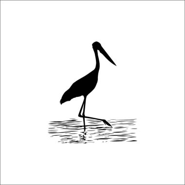 Sudaki Leylek (Kuş-Çikonidae) Silueti. Vektör İllüstrasyonu