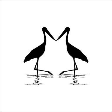 Sudaki Leylek Çifti (Bird-Ciconiidae) Silhouette. Vektör İllüstrasyonu