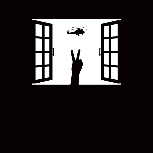 Pencere Silueti Nde Helikopter Saldırısı Askeri Araçlar Barış Şareti Parmakları — Stok Vektör